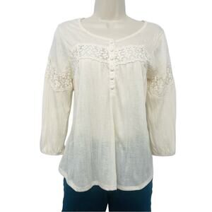 Cream Crochet Trim Henley Style Pop Over Top Scoop Neck Button Trim Loose fit